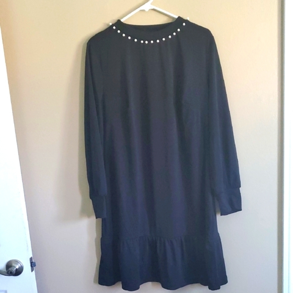 SHEIN Black Long Sleeve Dress with Pearl Details